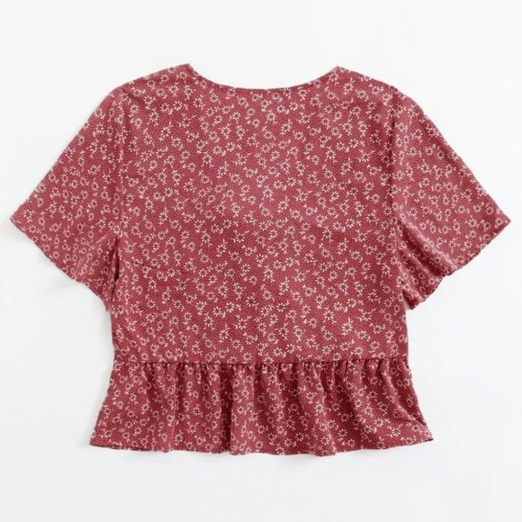 Boho Floral print front tie babydoll peplum crop top ROSE RED - Picture 6 of 8